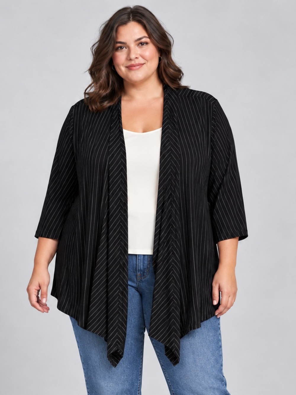 Blue Sky Soft Bamboo Blqck Stripe 3/4 sleeve open front cardigan top size 3X